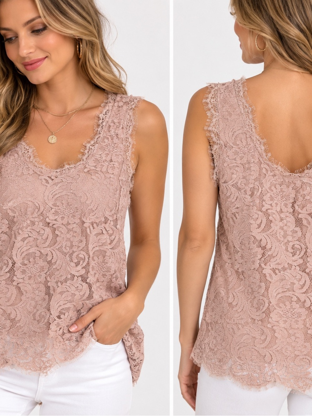 Adiva Blush Pink Floral Lace Sleeveless Tank Top Scoop Back large